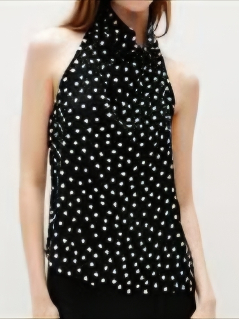 Sleeveless Black Halter Top with White Polka Dot Print- Medium- NEW